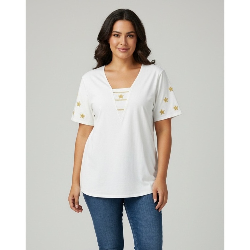 Third Generation White T-Shirt Gold Star Embellished V-Neck Women's Size L USA‎